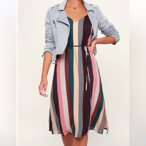 Erina Mauve Multi Stripe Belted Midi Slip Dress size m